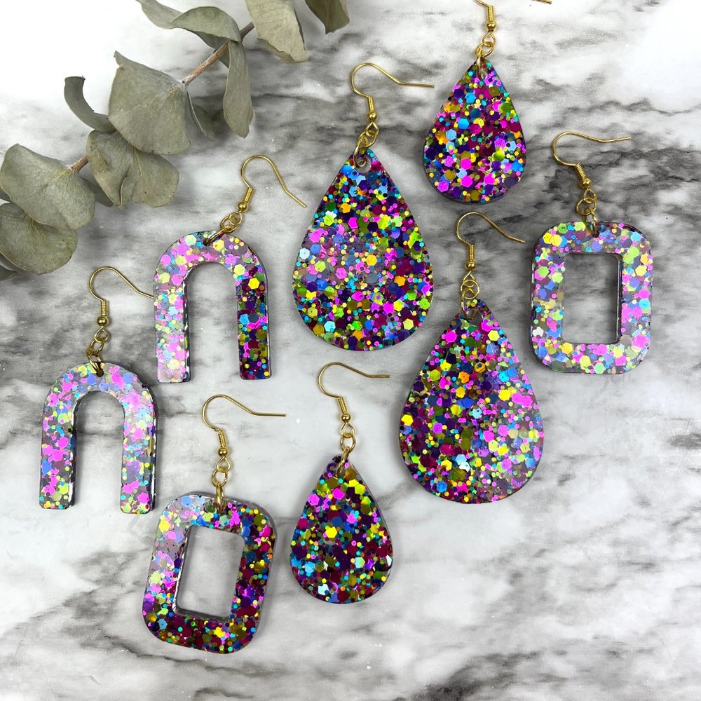 Sparkle Teardrop Dangle Earrings, "Party" Glitter Mix      J19